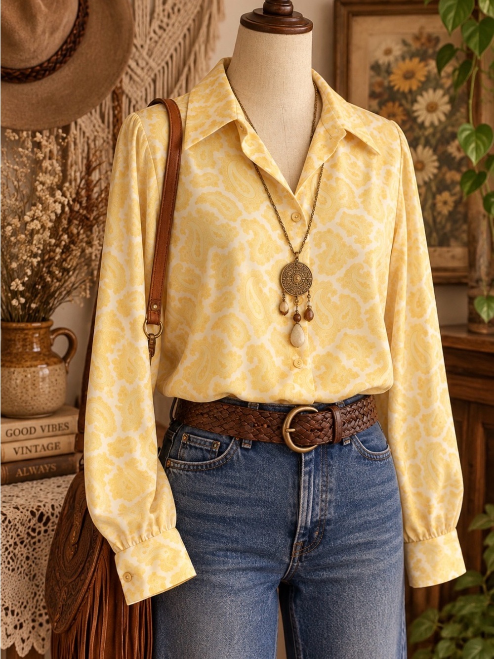 Vintage 60s 70s- Donovan - Yellow and White Paisley Button-Down Shirt